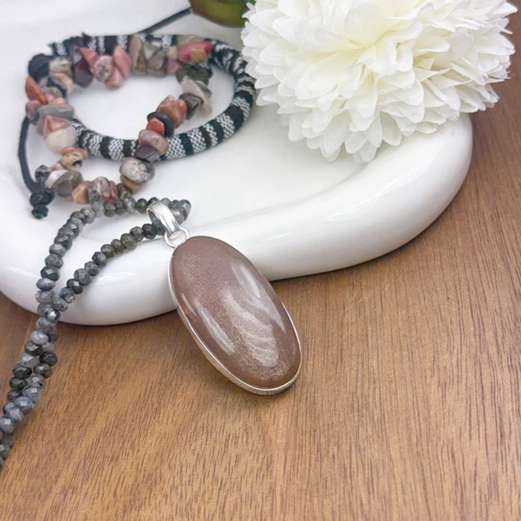 Peach Moonstone Pendant Moonstone Necklace Pure Sterling Silver 925 Set Lot - Picture 5 of 11